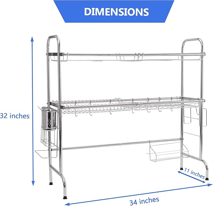 2 Tier Over The Sink Dish Drying Rack, Large Kitchen Counter Utensil Drainer w/ Non-Slip Rubber Feet, Stainless Steel Kitchen Countertop Shelf Organizer Stores Utensils, Cutting Board, Plates, Pots