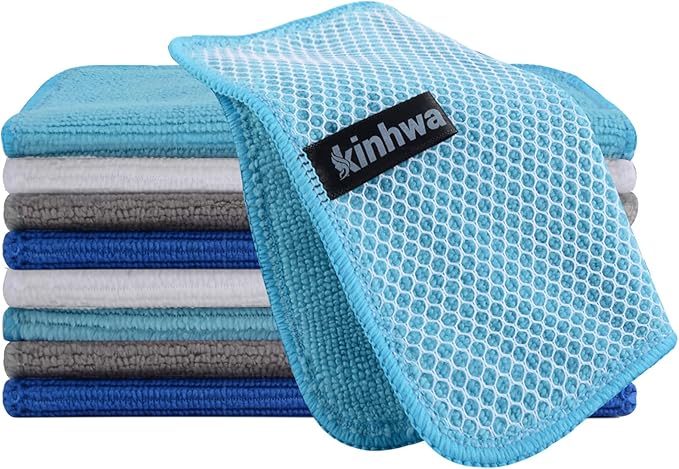 KinHwa Kitchen Washcloths for Dishes Absorbent Microfiber Dish Cloths Quick Dry Dish Rags with Poly Scour Scrub Side Ideal for Kitchen Cleaning (Mixing Colors #2, 7inchx7inch 9 Pack)