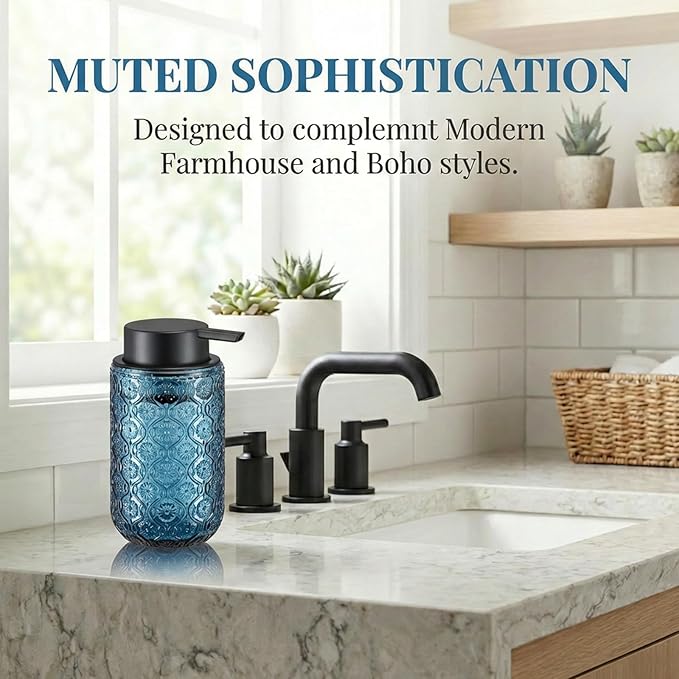 Blue Glass Foaming Hand Soap Dispenser with Matte Black Pump Thick Embossed Bottle Refillable for Bathroom and Kitchen Decor 13.5 oz