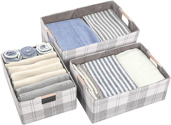 Fabric Storage Bin Box Collapsible Cotton Linen Storage Cube with Wooden Handles Rectangular Decorative Home Organizer Clothes Blanket Basket– Light Gray Plaid, Large