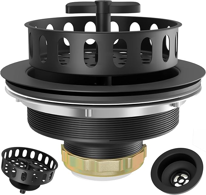 Black Sink Drain Kit - 3.5" Stainless Basket & Stopper for Kitchen Sink