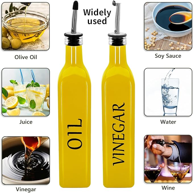 Olive Oil Dispenser Bottle,2 Pcs 17oz 500ml Glass O il and Vinegar Dispenser Set with 2 Stainless Steel Pourers, 8 Labels,Funnel Vinegar Bottles for Kitchen (Yellow)