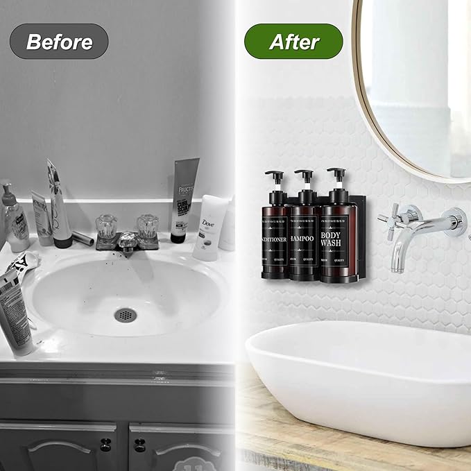 Shampoo and Conditioner Dispenser for Shower Wall, Body Wash Dispenser with 5 Waterproof Labels, No-Drill Wall Mounted Shower Soap Dispenser for Bathroom Decor Upgrade - Brown 3 Chamber