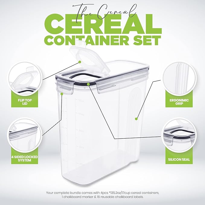 Utopia Kitchen Cereal Containers Storage Set – 4 Pack 4L(135.2 oz) Airtight Food Storage Containers with Lids, BPA-Free Cereal Dispensers for Pantry Organization and Storage (Clear)