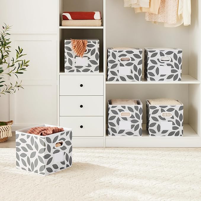 MAX Houser Fabric Storage Bins Cubes Baskets Containers with Dual Plastic Handles for Home Closet Bedroom Drawers Organizers, Flodable, Grey, Set of 4
