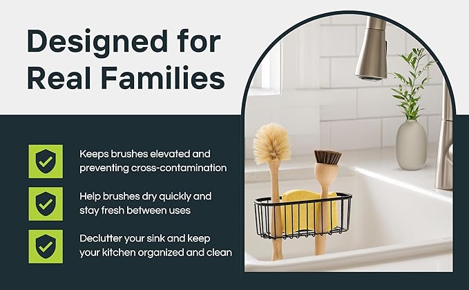 Premium Dual Brush Sink Organizer – Holds 2 Dish Brushes & Sponge, Strong 3-Suction Cup Base, Rust-Resistant Powder Coating, Elevated Drain-Friendly Design (7.2×2.6×3 in, Black)