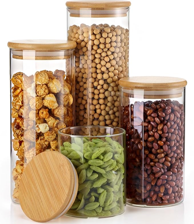 Qinyoung Glass Storage Jars with Wooden Lids, 4 Sizes Food Storage Containers Clear Stackable Canisters Airtight Glass Jars for Candy Cookie (Clear