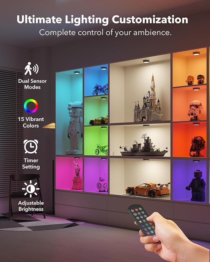 Rechargeable Puck Lights with Remote Control, Black 2400mAh Radar Motion Sensor RGB Under Cabinet Lighting Battery, Magnetic Color Changing Night Lights for Shelf, Showcase, Bookcase, Pantry, Wardrobe