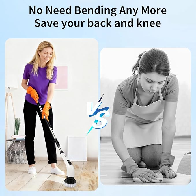 Rechargeable Electric Spin Scrubber, Waterproof Power Cleaner with 7 Brush Heads,1 Window Squeegee,2 Speeds Adjustable Long Handle for Bathroom, Floor