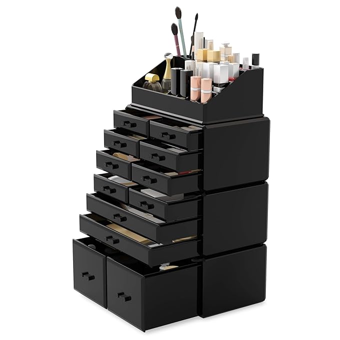 Readaeer Makeup Cosmetic Organizer Storage Drawers Display Boxes Case with 12 Drawers (Black)