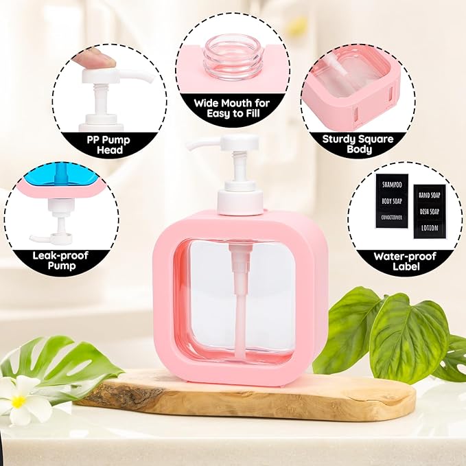 Segbeauty 2pcs Refillable Soap Dispenser for Kitchen,16.9oz Empty Hand Soap Dispenser, 500ml Liquid Soap Dispensers for Bathroom, Pink Lotion Bottle for Kitchen Sink with Pump and Waterproof Labels