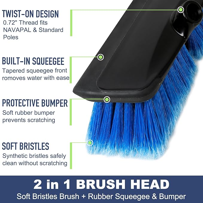 52" Car Wash Brush with Long Handle | Built-in Rubber Squeegee & Rubber Bumper | Lightweight extendable Handle | Soft Bristle Brush for Car, RV, Boat