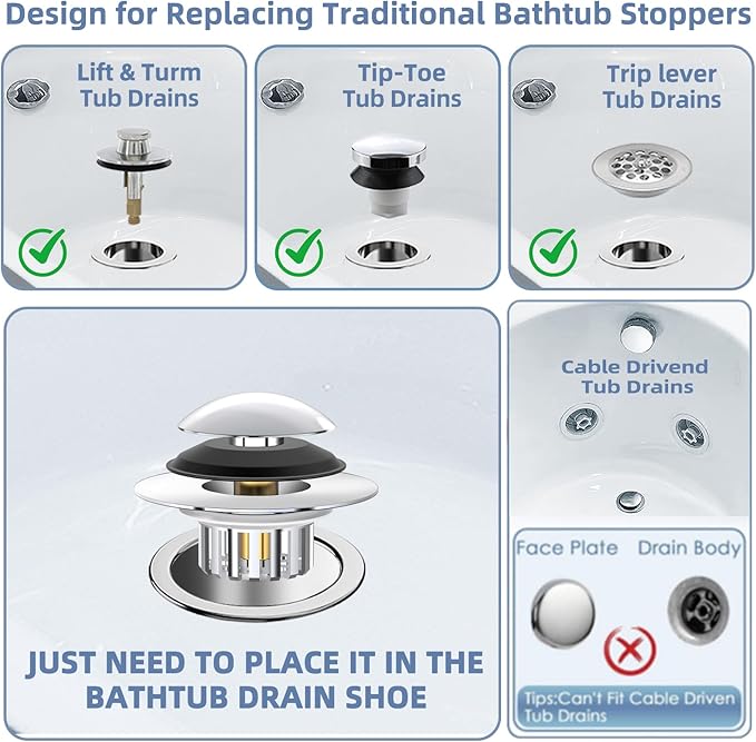 Universal 3 in 1 Bathtub Drain Stopper Bathtub Drain Hair Catcher, Pop-up Tub Stopper with Effective Filter Basket