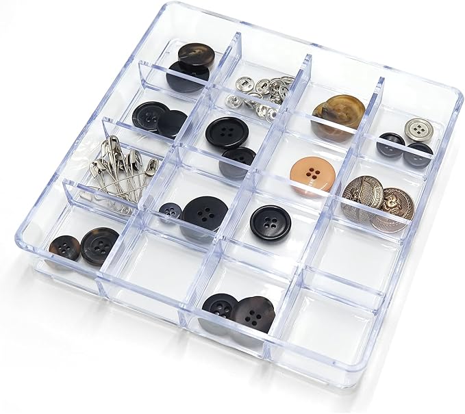 carrotez Small Stackable Jewelry Organizer Tray, 16 Grid, Clear Plastic Drawer Organizer for Makeup, Accessories, Desk, Vanity