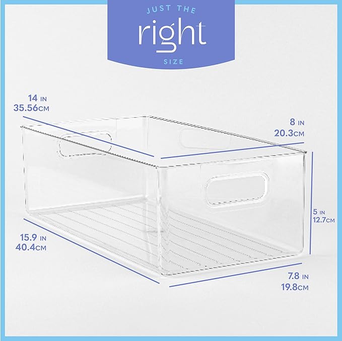 Plastic Food Storage 6 Pack Clear Container Bin with Handles for Organizing Kitchen, Pantry, Refrigerator, Freezer, Pantry, Cabinet, Closet
