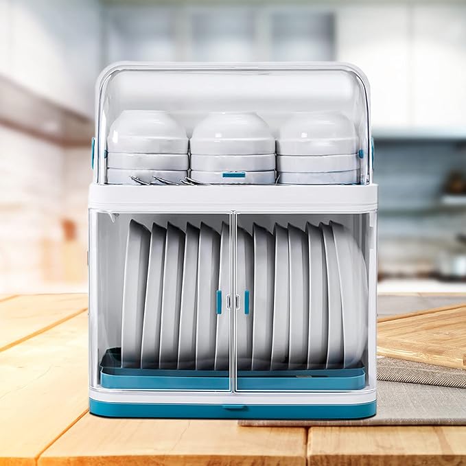 2 Tier Dish Drying Rack, Drain Board with Lid Plastic Dust Cover, Kitchen Plate Cup Dish Drying Rack, Tableware Storage Box Dishes Drain Shelf Rack Closed Holder for Home Using