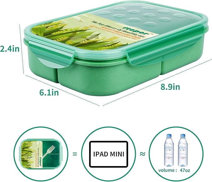 Itopor Wheat Straw Bento Box Adult Leak-Proof Lunch Box with Fork, 3-Compartment Lunch Containers for Adults & Teens, BPA-Free