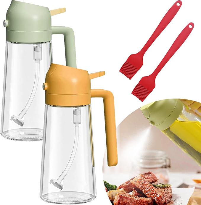 2 In 1 Glass Oil Sprayer & Dispenser with Brush, 2024 New 2-in-1 Glass Oil Sprayer and Dispenser for Kitchen Cooking, Spray Oil Dispenser for Kitchen, Food-grade Oil Mister Spray Bottle (SET C,470ml)