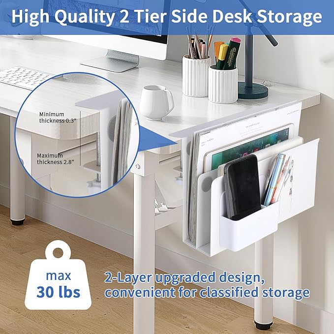 LUKETURE Desk Side Storage, 2 Tier Steel Side Desk Organizer, No Drill Laptop Holder, Clamp on Laptop Mount with Pen Holder, Fits Flat Edge Tables 0.3" to 2.8" (White, L(2 Tier))