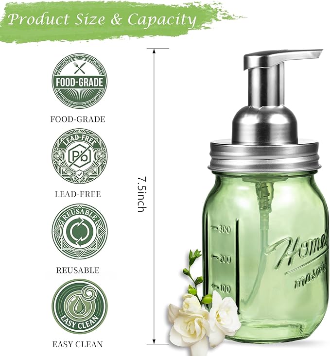 Amolliar Green Glass Mason Jar Foaming Soap Dispenser, 16OZ Hand Soap Dispenser, Plastic Pump & Stainless Steel Lid & Lable, Kitchen Dish Soap Bathroom Accessories Set, Soap Pump Bottle, Silver 2 Pack