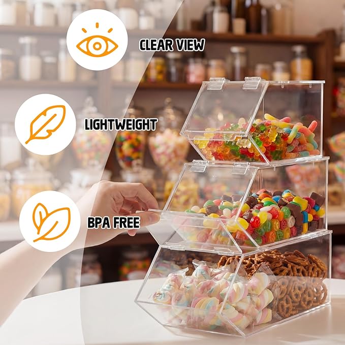Set of 3 Stackable Candy Bins with Hinged Lid Small Medium Large Clear Acrylic Storage Bins Stackable Pantry Storage Caddys for Cereal Nuts Candies Snack Ice Cream Toppings and Wrapped Snacks