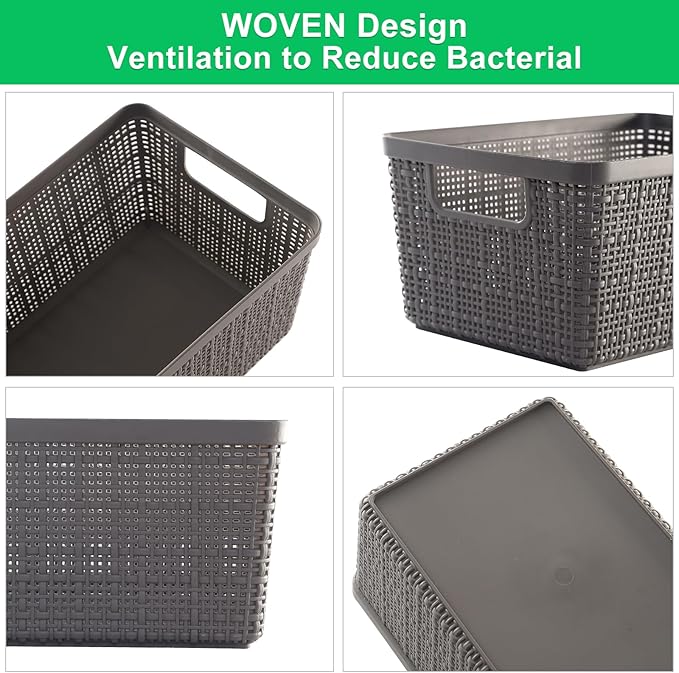6 Pack Plastic Storage Baskets With Lids, Grey Breathable Stackable Storage Bins