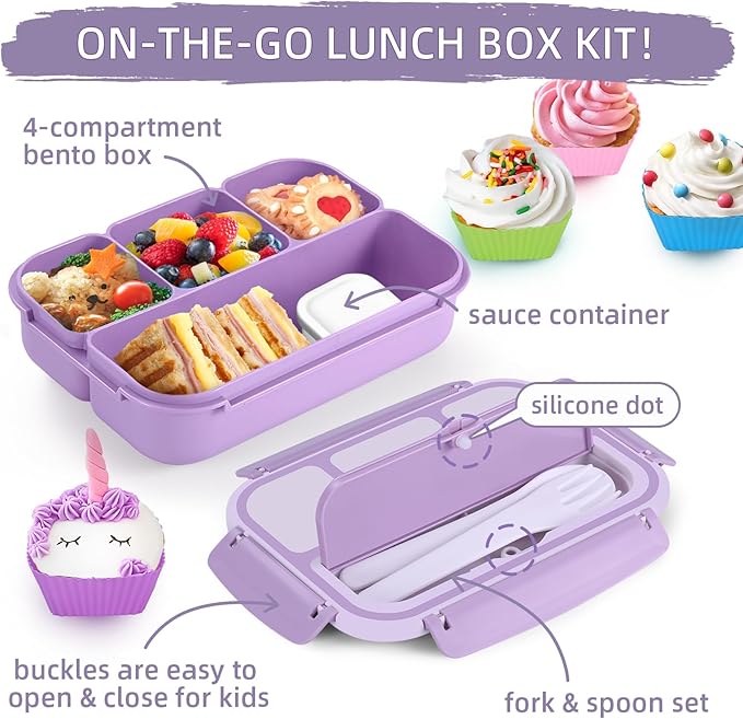QQKO Bento Box Adult Lunch Box, Lunch Containers for Adults Men Women, Kids Lunch Boxes for School with 4 Compartments, Sauce Container