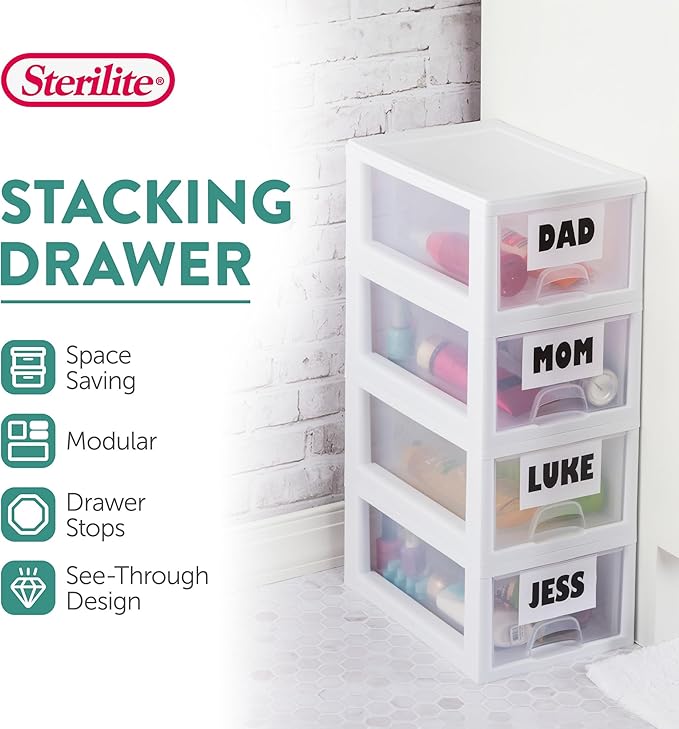 6-Pack Stacking Drawer, Clear Storage Closet Organizer, 6 Quart, White Frame