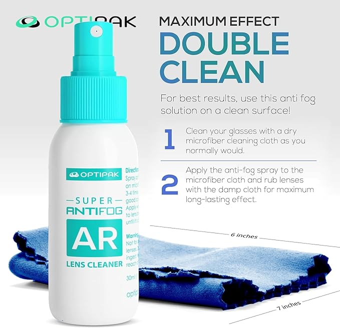 Anti Fog Lens Cleaner Spray Kit | (2x) 1oz Anti Fog Glasses Cleaner Bottles + (1x) Multipurpose Pouch + (5x) Microfiber Cloths for Eyeglasses, Mirror