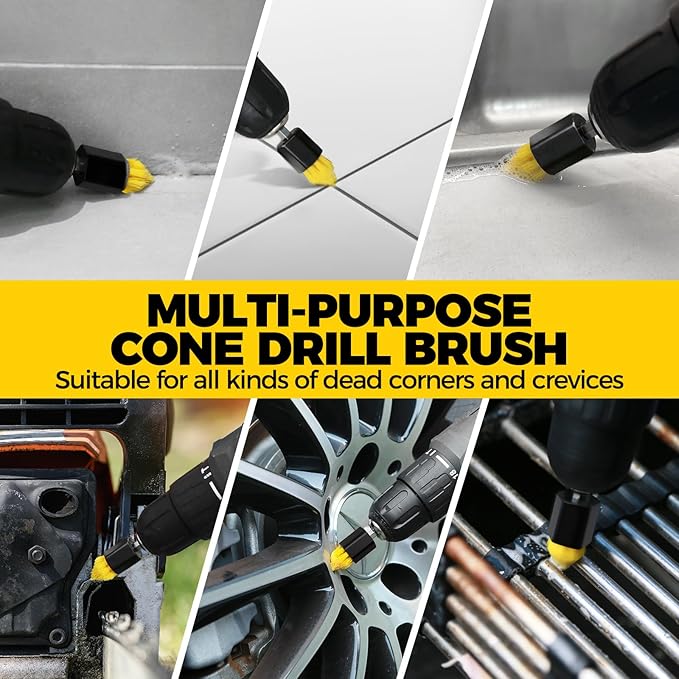 Holikme 8 Piece Drill Brush Attachments Set, Power Scrubber with Extend Long Attachment，Cleaning Supplies for Bathtub, Shower, Grout, Tile(Yellow)