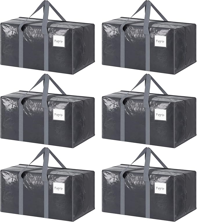6 Pack Extra Heavy Duty Large Moving Bags with Strong Zipper & Comfortable, Gray