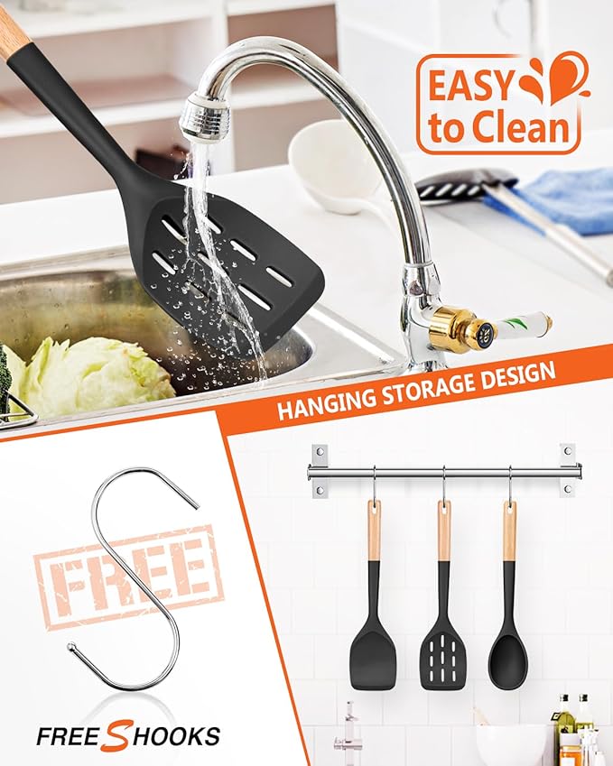 Badiano Pack of 3 Silicone Spatula, Non Stick Cooking Utensil Set, Wooden Handle Kitchen Turner for Baking Mixing Grilling Serving Food Heat Resistant, Black