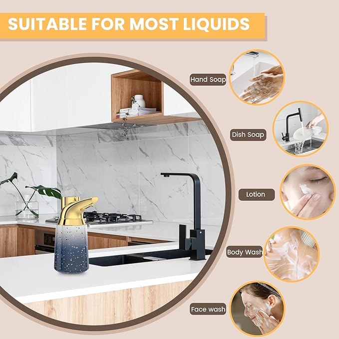 Automatic Liquid Soap Dispenser Touchless:350ML Ceramic Material -4 Level Adjustable Hand & Dish Electric Dispenser,Waterproof Type-c Rechargeable Auto Soap Pump for Bathroom,Kitchen