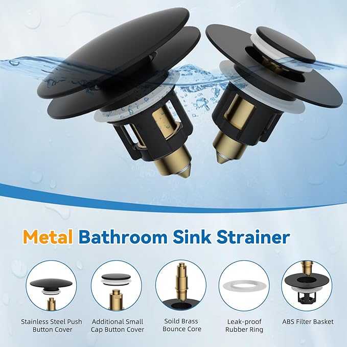 iFealClear Universal Black Bathroom Sink Stopper, Metal Pop Up Sink Drain Strainer with Hair Catcher, Fit 1.1"-2.36" US Basin, Wash Basin Drain Plug