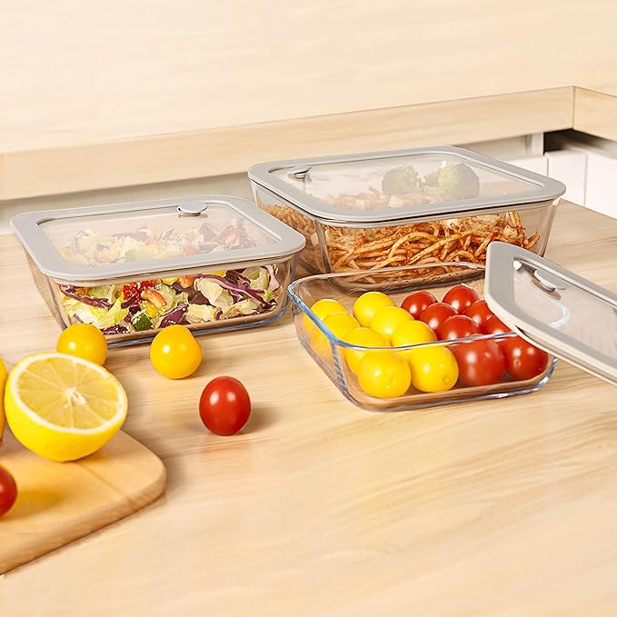 Glass Food Containers with Glass Lid, Microwave Safe Food Storage Container Set, 3 Pack, Square Shape, Food Containers with Lids