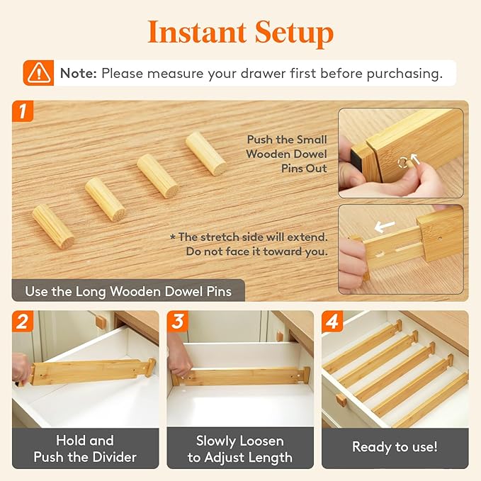 2.4" High 6 Pack Bamboo Drawer Dividers 45-55cm/17.5-22" Adjustable Wooden