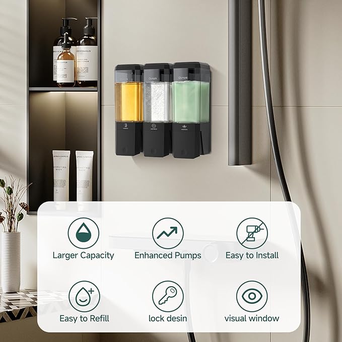 Shampoo and Conditioner Dispenser 3 Chamber 17oz No Drill Shower Soap Dispenser Wall Mounted Shampoo Conditioner Body Wash Refillable Bathroom Shower Dispenser (Black+Smoke Gray 3 Chamber)