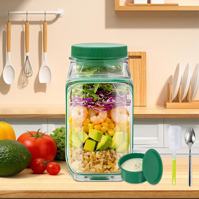 Side-Opening Mason Salad Jar, Portable 1000ml Salad Container with Leakproof Dressing Cup, Includes Spoon and Cleaning Brush, Perfect for Meal Prep, Gym, Office, Picnic and Travel (1 Pac)