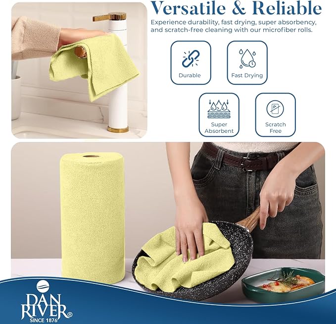 DAN RIVER Microfiber Cleaning Cloth Roll - 30 Pack,12x12 Inch Reusable Tear Away Lint-Free Cloth for Kitchen, Car and Home -Streak-Free Towels for Dusting, Glass, Electronics & Dish Cleaning (Yellow)