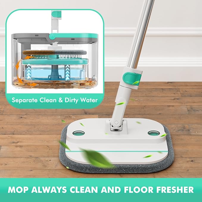 Upgraded Spin Mop and Bucket Self-Standing Mop Bucket Separate Dirty and Clean Water System Self Wringing 360° Rotating Clean Mop and Bucket Set with14Pads Mop-Blue