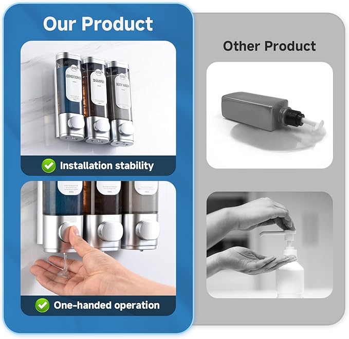 Shampoo and Conditioner Dispenser, Refillabe Shower Soap Dispensers 3 Chamber No Drill Shampoo Dispenser for Shower Wall Mounted 3 * 300ml Container for Bathroom Hotel (Sliver 3 Chamber)