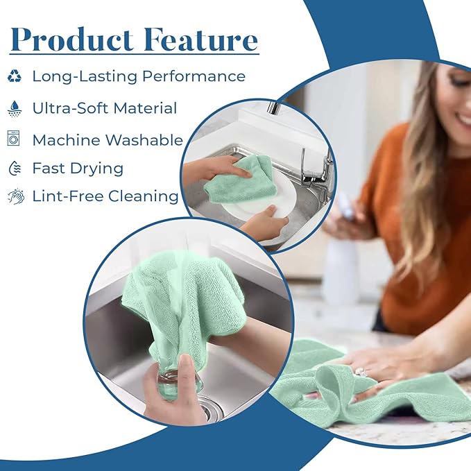 DAN RIVER Microfiber Cleaning Cloth Roll - 30 Pack, 12x12 Inch Reusable Tear Away Lint-Free Cloths for Kitchen, Car and Home -Streak-Free Towels for Dusting, Glass, Electronics & Dish Cleaning (Green)