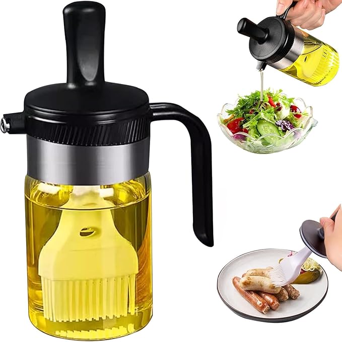 Moonlik Olive Oil Dispenser Bottle with Brush- 2 in 1 Oil Dispenser & Silicone Brush for Kitchen Cooking Vinegar Sauce BBQ Salad Grill Frying- 200ml/7oz, Black