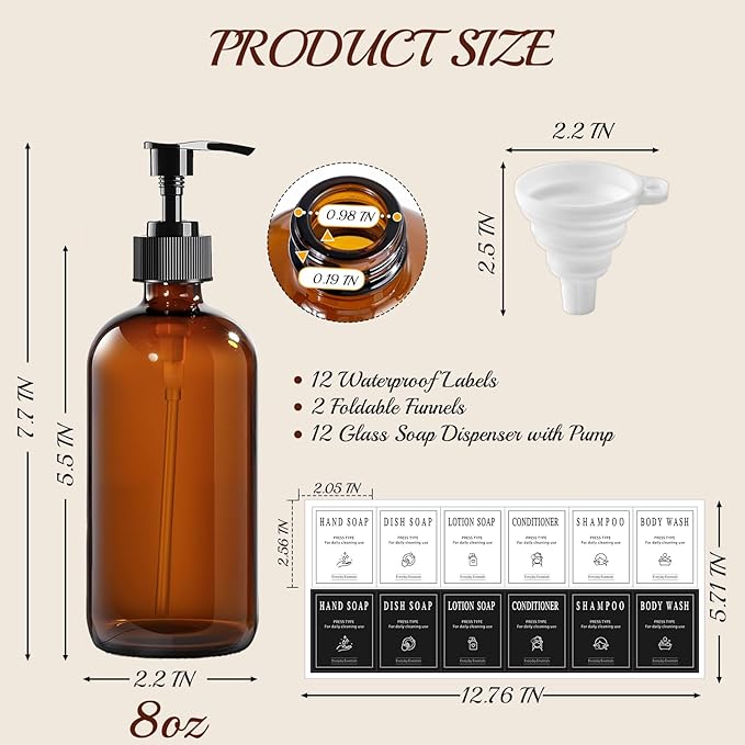 12 Pack Amber Glass Bottles 8oz with Pump Dispensers, Refillable Empty Pump Bottles for Bathroom, Kitchen, Shampoo, Soap, Lotion – Includes 2 Funnels & 12 Labels