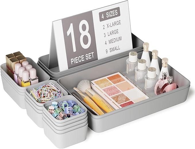 18 pcs Desk Drawer Organizer Tray, Multiple Sizes Plastic Drawer Organizer Storage, Stackable Organizer Containers For Makeup, Bedroom, Kitchen Gadgets Utensils and Office