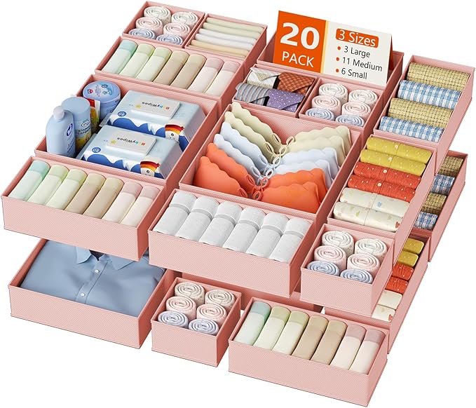 DIMJ Drawer Organizer Clothes, 20 Pack Dresser Organizer, Foldable Closet Organizers and Storage, Fabric Dresser Bins, Drawer Dividers for Nursery, Baby Clothes, Underwears, Sock (Pink)