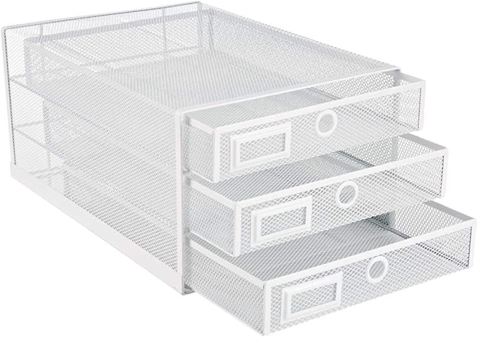 Annova Desk Organizer Wire Mesh 3 Tier Sliding Drawers Paper, White