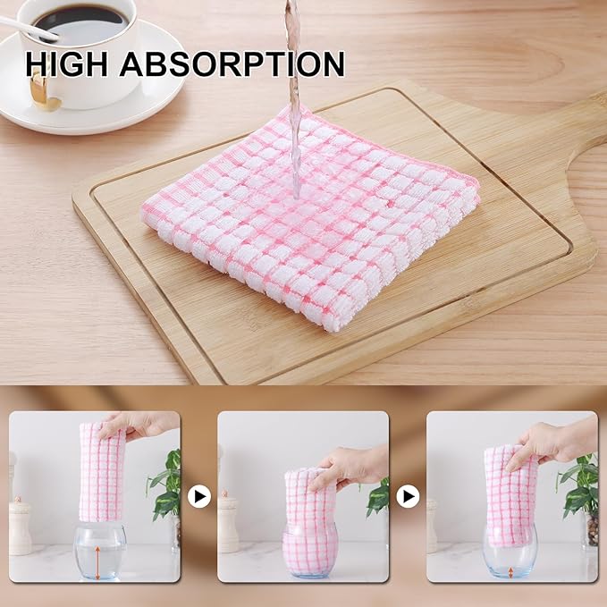 Kitinjoy Cotton 16 Pack Kitchen Towels and Dishcloths Sets, 16 x 25 Inch & 12 X 12 Inch Dish Towels Bulk, Super Soft and Absorbent Hand Towels for Kitchen Drying, Pink
