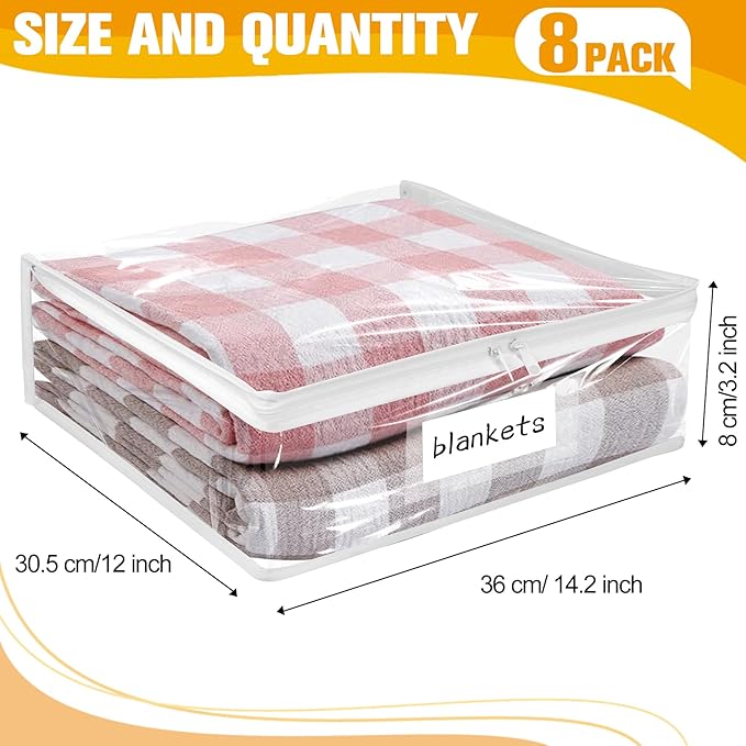 Kikerike Plastic Storage Bags with Easy-Glide Zipper, Pack of 8, Durable Clear Vinyl Zippered Storage Bags for Clothes Sweaters Comforters Blankets Sheets Bedding (14.2 x 12 x 3.2 Inch, White)
