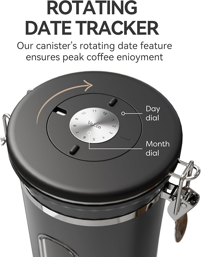 Veken Coffee Canister with Window,Airtight Stainless Steel Kitchen Food Storage Container, Date Tracker & Scoop for Grounds Coffee, Beans, Tea, Flour